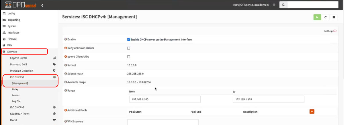 Management DHCP Screen